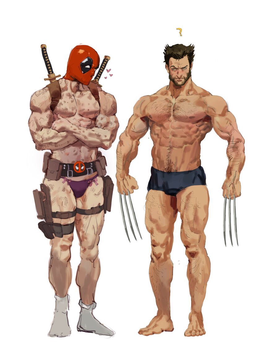 2boys ? abs absurdres arm_hair belt belt_pouch blue_male_underwear bow bow_panties boxer_briefs brown_hair chest_hair claw_(weapon) clenched_hands crossed_arms deadpool deadpool_&amp;_wolverine deadpool_(series) dudles facial_hair full_body green_eyes gun hairy hashtag-only_commentary heart highres holster holstered james_howlett large_pectorals leg_hair looking_at_another male_focus male_pubic_hair male_underwear marvel marvel_cinematic_universe mature_male multiple_boys muscular muscular_male nipples panties pectorals pouch pubic_hair red_mask scar scars_all_over short_hair simple_background socks standing sword sword_on_back thigh_holster thighs too_many underwear underwear_only veins veiny_arms weapon weapon_on_back white_background white_socks wolverine_(x-men) x-men yaoi