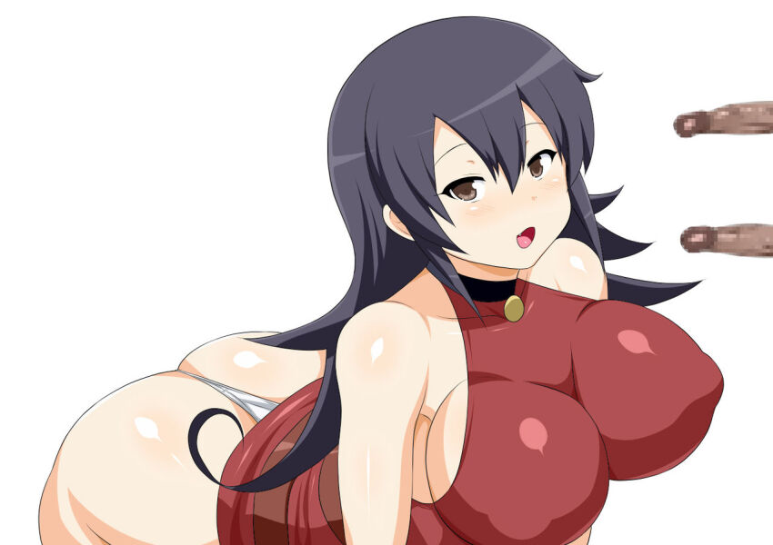 1girl 2boys breasts brown_eyes choker dress duel_masters inu-g large_breasts large_penis multiple_boys penis purple_hair red_dress tasogare_mimi
