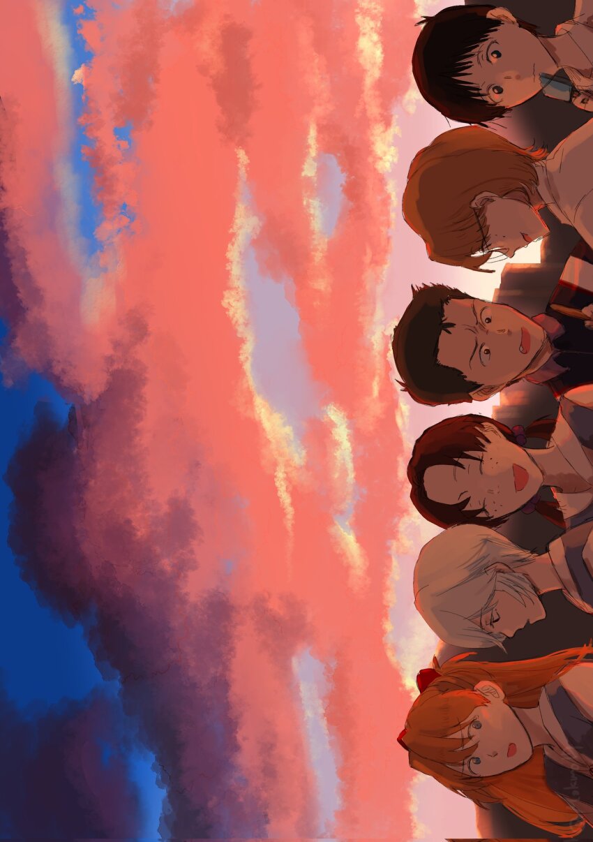 3boys 3girls aida_kensuke ayanami_rei black_hair blue_eyes blue_hair brown_hair food glasses grin highres horaki_hikari ikari_shinji looking_at_another looking_back multiple_boys multiple_girls neon_genesis_evangelion popsicle red_eyes school_uniform smile souryuu_asuka_langley suzuhara_touji track_suit twintails