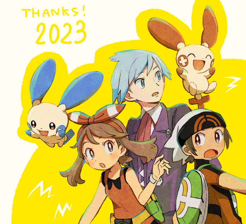 1girl 2boys :o ^_^ animal_ears backpack bag blue_eyes blue_hair blush bow bow_hairband brendan_(pokemon) brown_eyes brown_hair closed_eyes collared_shirt commentary_request english_text formal_clothes game_freak gen_3_pokemon green_bag grey_eyes hairband hat height_difference highres light_blue_hair may_(pokemon) medium_hair minun multiple_boys necktie nintendo open_mouth plusle pokemon pokemon_(creature) pokemon_oras popcorn_91 red_bow red_hairband red_necktie red_shirt shirt short_hair sleeveless sleeveless_shirt steven_stone suit tail white_hat white_shirt yellow_bag