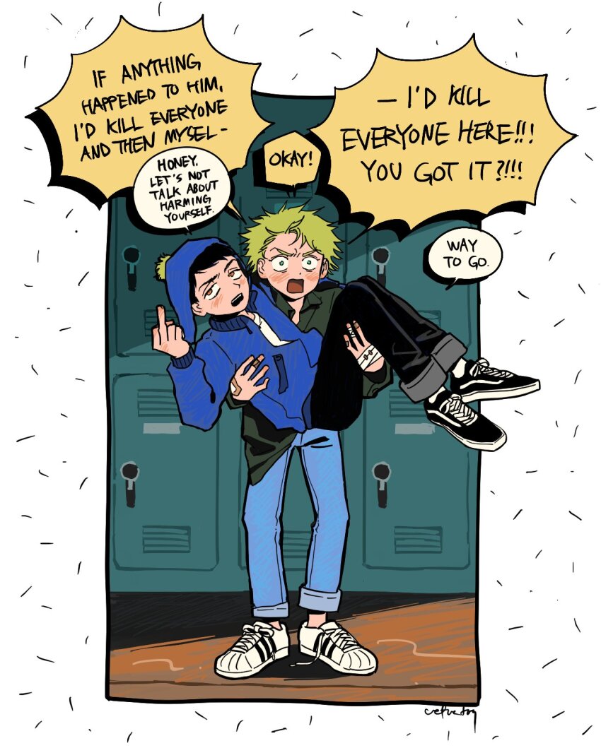 2boys animification bandaged_hand bandages black_hair blonde_hair chullo converse craig_tucker denim english_text full_body green_shirt hat highres jeans locker male_focus middle_finger multiple_boys open_mouth pants shirt shoelaces short_hair south_park speech_bubble tweek_tweak uefuatoq yaoi