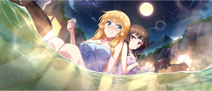 2girls arm_support black_cat blonde_hair blue_eyes blunt_bangs blush breasts brown_hair bucket c: cat cecily_(konosuba) choko_(cup) chomusuke cleavage collarbone cup from_below full_moon game_cg hair_tie hand_up highres holding holding_cup in_bucket in_container knees_together_feet_apart kono_subarashii_sekai_ni_shukufuku_wo! konosuba!_fantastic_days lantern large_breasts long_hair looking_at_another low-tied_sidelocks megumin moon multiple_girls naked_towel night night_sky nose_blush official_alternate_costume official_art onsen outdoors partially_submerged partially_underwater_shot red_eyes same-sex_bathing shared_bathing short_hair short_hair_with_long_locks sidelocks sitting sky small_breasts smile star_(sky) starry_sky steam tokkuri towel water waves wet wooden_bucket