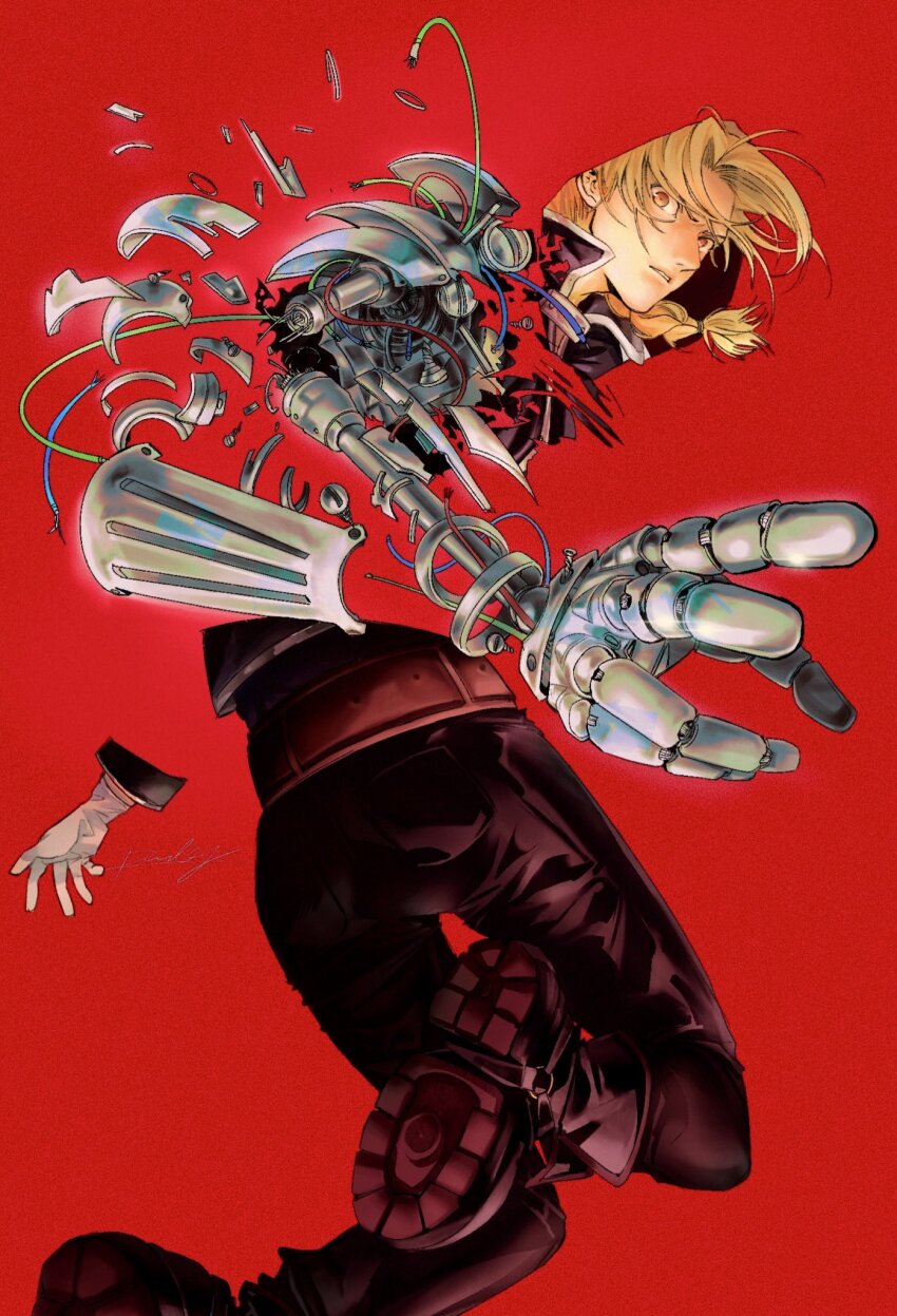 1boy automail belt black_boots black_pants bleeding blonde_hair blood boots braid braided_ponytail broken_arm cable debris dissolving edward_elric from_behind fullmetal_alchemist gloves highres long_hair looking_at_viewer looking_back male_focus mechanical_arms pants parted_lips popped_collar prosthesis prosthetic_arm red_background red_belt shoe_soles signature single_braid single_mechanical_arm solo sseunana white_gloves yellow_eyes