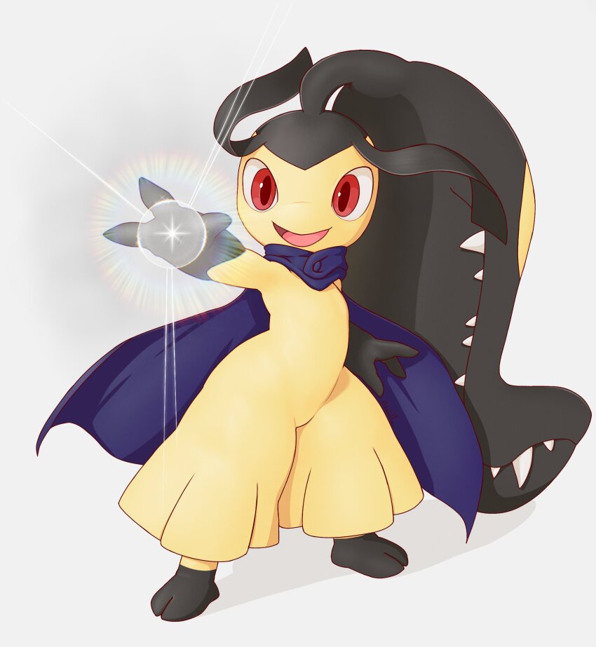 1girl absurdly_long_hair absurdres arm_up big_hair black_hair black_skin cape clothed_pokemon colored_skin commission extra_mouth female_focus flat_chest full_body gen_3_pokemon glowing grey_background happy high_ponytail highres long_hair looking_at_viewer magic mawaifu mawile multicolored_skin nintendo open_mouth outstretched_arm pokemon pokemon_(creature) ponytail purple_cape red_eyes sharp_teeth sidelocks simple_background smile solo sparkle standing teeth thick_thighs thighs two-tone_skin very_long_hair wide_hips yellow_skin