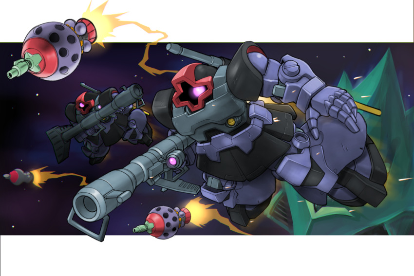 bazooka_(gundam) bit_(gundam) chibi dom_(mobile_suit) elmeth flying glowing glowing_eye gundam holding holding_weapon kubotami letterboxed looking_at_viewer mecha mecha_focus mobile_armor mobile_suit mobile_suit_gundam no_humans one-eyed outside_border purple_eyes robot science_fiction sd_gundam space star_(sky) weapon
