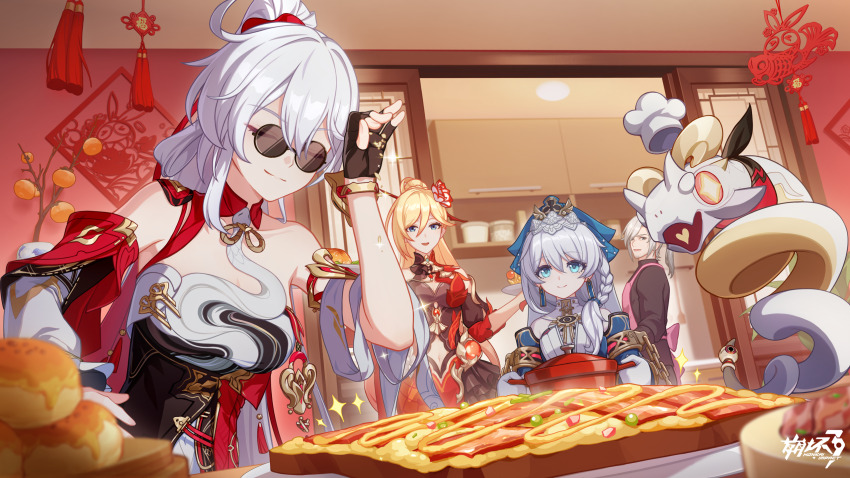 1boy 3girls :d ahoge apron bare_shoulders black_gloves black_shirt blonde_hair blue_eyes bracelet braid breasts closed_eyes detached_sleeves dress durandal_(dea_anchora)_(honkai_impact) durandal_(heavenward_dragon)_(honkai_impact) durandal_(honkai_impact) family fingerless_gloves food game_cg gloves halter_dress halterneck hand_up highres honkai_(series) honkai_impact_3rd indoors jewelry kiana_kaslana kiana_kaslana_(ba-dum!_fiery_wishing_star) medium_breasts meme mihoyo multiple_girls navel official_art open_mouth pink_apron round_eyewear salt_bae_(meme) shirt siegfried_kaslana smile snake sunglasses theresa_apocalypse theresa_apocalypse_(astralop) upper_body white_hair