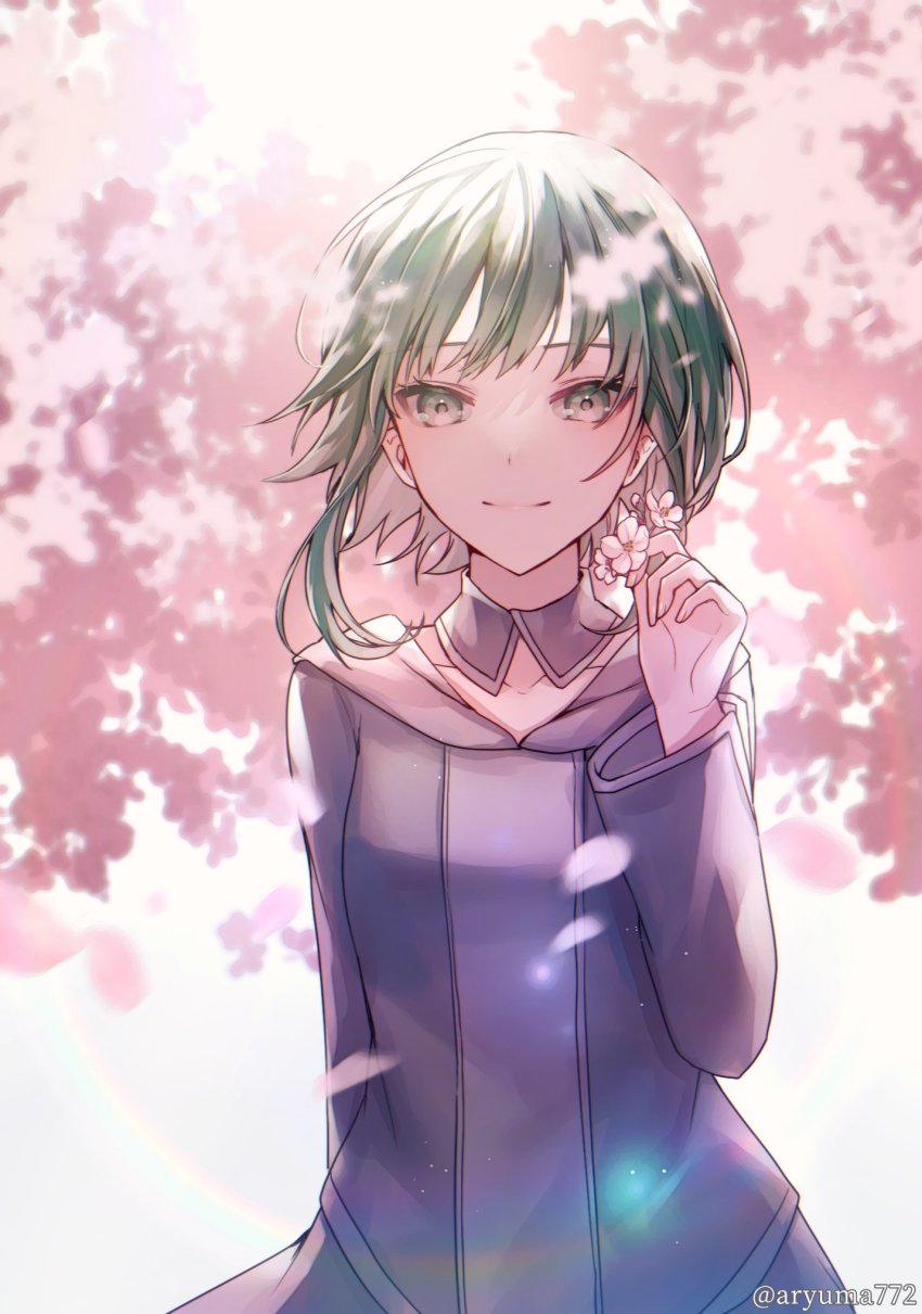 1girl arm_behind_back aryuma772 backlighting blurry blurry_background blurry_foreground cherry_blossoms collarbone depth_of_field detached_collar evillious_nendaiki flower green_eyes green_hair grey_hoodie grey_skirt gumi highres holding holding_flower hood hoodie lens_flare light_particles long_sleeves looking_at_viewer nemesis_sudou petals pink_theme saigo_no_revolver_(vocaloid) short_hair_with_long_locks sidelocks skirt smile solo twitter_username upper_body vocaloid wavy_hair