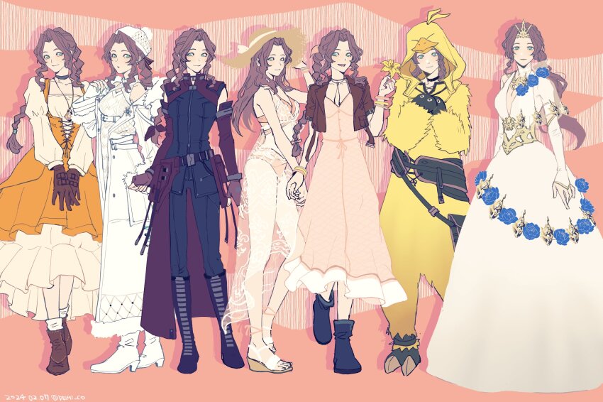 1girl aerith_gainsborough aerith_gainsborough_(chocobo_suit) aerith_gainsborough_(fairy_of_snowfall) aerith_gainsborough_(garnet&#039;s_gown) aerith_gainsborough_(prism_dress) aerith_gainsborough_(rosy_battle_suit) aerith_gainsborough_(sunny_robe) animal_hood bangle bare_shoulders belt bikini bird_hood black_bodysuit black_choker black_footwear blue_flower blue_rose bodysuit boots bracelet breasts brown_belt brown_footwear brown_gloves cable_knit cape cardigan chocobo choker cleavage_cutout closed_mouth clothing_cutout coat cosplay cropped_jacket crystal demi_co detached_sleeves dress dress_flower final_fantasy final_fantasy_vii final_fantasy_vii_ever_crisis final_fantasy_vii_remake fingerless_gloves flower flower_choker full_body fur-trimmed_coat fur_trim garnet_til_alexandros_xvii garnet_til_alexandros_xvii_(cosplay) gloves gold_trim green_eyes hair_ribbon halter_dress halterneck hands_on_own_chest happy_birthday hat high-low_skirt high_heels highres holding holding_flower hood jacket jewelry juliet_sleeves lily_(flower) long_coat long_dress long_sleeves looking_at_viewer low_ponytail medium_breasts midriff multiple_views official_alternate_costume onesie open_mouth orange_dress parted_lips pendant pink_background pink_bikini pink_dress pink_ribbon plunging_neckline ponytail puffy_long_sleeves puffy_sleeves red_cape red_jacket red_sleeves ribbon rose sandals see-through_clothes see-through_sleeves short_sleeves smile straw_hat sun_hat swimsuit tiara toeless_footwear underbust v_arms waist_cape wedge_heels white_belt white_cardigan white_coat white_dress white_footwear white_fur white_gloves white_headwear white_sleeves winter_clothes winter_coat yellow_flower