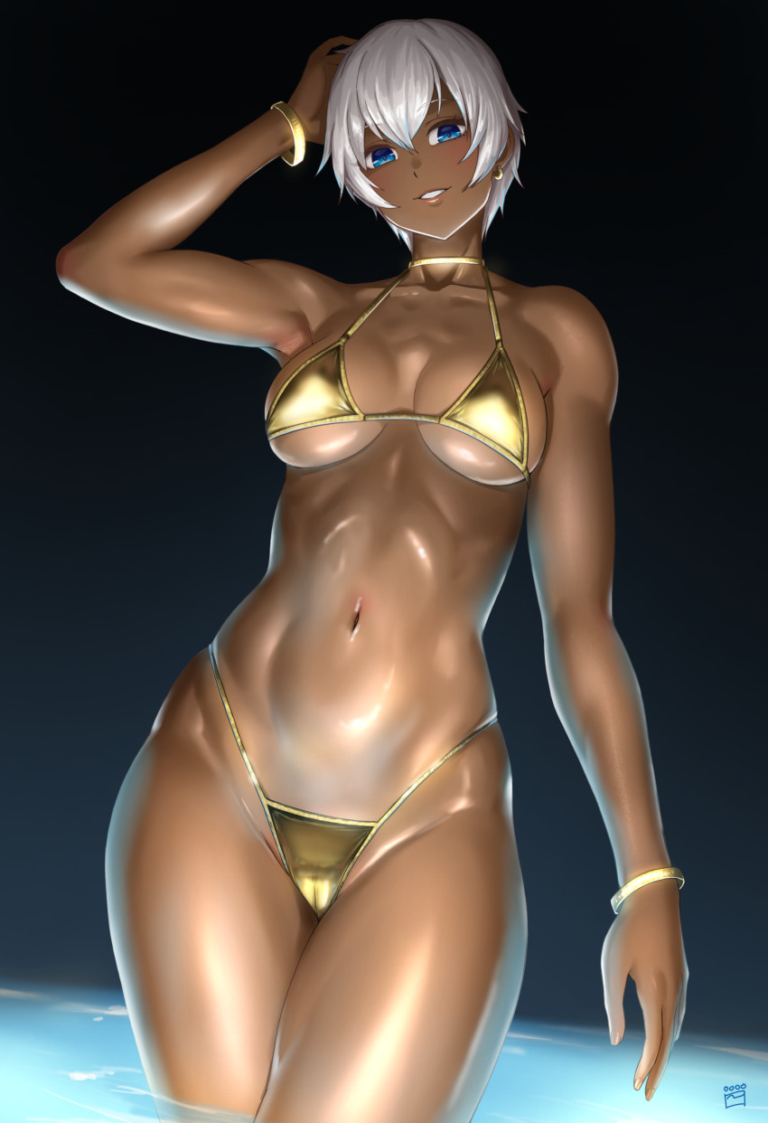 1girl arm_up armpits artist_logo bikini blue_eyes bracelet breasts cameltoe collarbone commentary_request dark-skinned_female dark_skin earrings elena_(street_fighter) finalcake gold_bikini golden_week golden_week_bikini hair_between_eyes hand_on_own_head highleg highleg_bikini highres jewelry logo looking_at_viewer medium_breasts navel neck_ring parted_lips short_hair single_earring smile solo stomach street_fighter street_fighter_6 street_fighter_iii_(series) swimsuit thighs toned toned_female underboob wading water white_hair