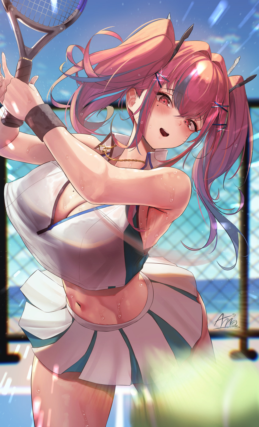 1girl absurdres annasui_factory armpit_crease arms_up azur_lane ball bare_shoulders blue_sky blush breasts bremerton_(azur_lane) bremerton_(scorching-hot_training)_(azur_lane) chain-link_fence cleavage collarbone collared_shirt commentary cowboy_shot crop_top crop_top_overhang day fence green_skirt grey_hair hair_between_eyes hair_intakes hair_ornament heart heart_necklace highres holding holding_racket jewelry large_breasts lens_flare long_hair looking_at_viewer making-of_available mole mole_on_breast mole_under_eye motion_blur multicolored_hair navel necklace official_alternate_costume open_mouth outdoors pink_eyes pink_hair racket shirt sidelocks signature skirt sky sleeveless sleeveless_shirt solo sportswear standing stomach streaked_hair sweat sweatband tennis tennis_ball tennis_court tennis_racket tennis_uniform twintails two-tone_hair two-tone_shirt two-tone_skirt wet wet_clothes wet_shirt white_shirt white_skirt x_hair_ornament