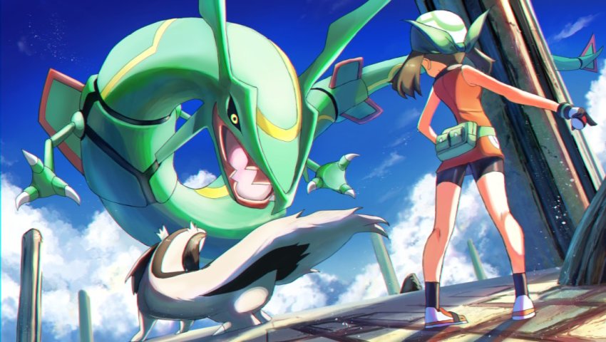 1girl bandana bare_arms bike_shorts black_legwear brown_hair cloud commentary_request day fanny_pack from_below gen_3_pokemon gloves green_bandana holding holding_poke_ball kneepits legendary_pokemon linoone may_(pokemon) may_(pokemon_emerald) nintendo outdoors pillar poke_ball poke_ball_(basic) pokemon pokemon_(creature) pokemon_emerald pokemon_rse rayquaza rowdon shoes sky socks standing