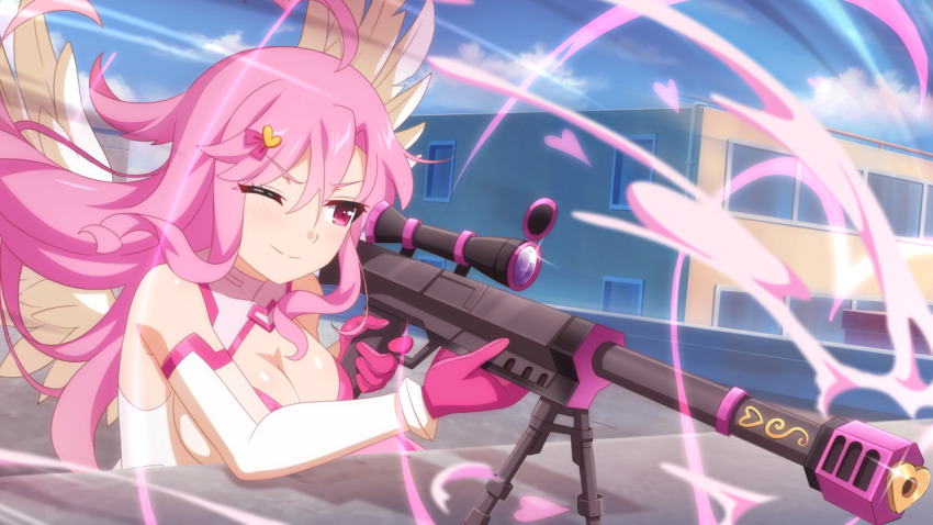 1girl ahoge bodysuit cupid curtained_hair game_cg gloves gun hair_ornament hairpin lilim_(sakura_cupid) looking_through_scope official_art pink_gloves pink_hair rifle sakura_cupid sniper_rifle wanaca weapon white_bodysuit wings