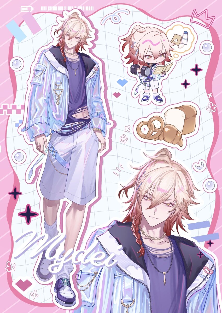 1boy absurdres alternate_costume blonde_hair book border bracelet braid bread character_name chibi commentary dumbbell food full_body gold_necklace gold_ring gradient_hair grey_background grid_background hair_between_eyes highres hitohachan holding holding_book holding_dumbbell honkai:_star_rail honkai_(series) iridescent jewelry kneehighs looking_at_viewer male_focus medium_hair midriff_peek multicolored_hair multiple_rings multiple_views mydei_(honkai:_star_rail) navel necklace pink_border ponytail purple_shirt red_hair ring shirt shoes shorts side_braid socks spoken_food thumb_in_pocket torn_clothes torn_shirt white_shoes white_shorts white_socks yellow_eyes