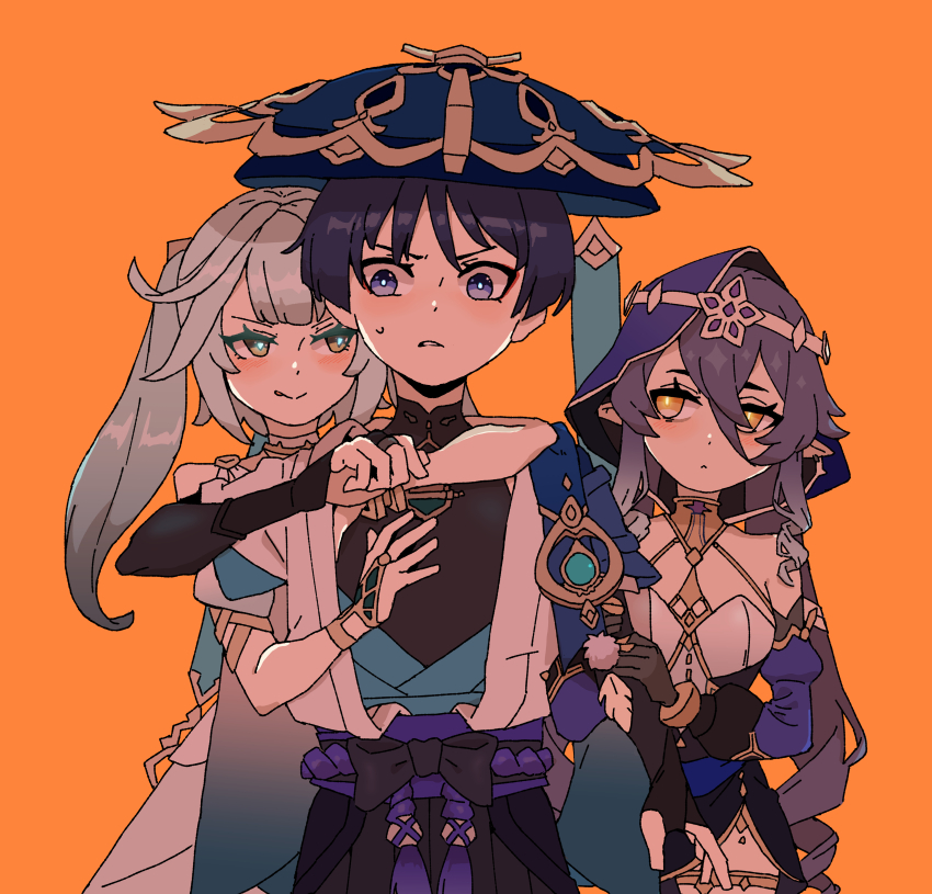1boy 2girls :p absurdres aqua_hair arm_around_neck arm_at_side armlet armor belt black_belt black_bodysuit black_bow black_bridal_gauntlets black_corset black_hair black_shorts blue_cape blue_hat blue_kimono blue_pupils blue_sleeves blunt_bangs blunt_ends blush bodysuit bow bridal_gauntlets brown_eyes cape center-flap_bangs circlet claw_ring clothing_cutout colored_eyelashes corset cuisine detached_sleeves dress drill_hair drill_sidelocks eyeliner eyeshadow faruzan_(genshin_impact) feathers furrowed_brow genshin_impact girl_sandwich glowing_pupils gold gold_choker gradient_hair grey_hair hair_between_eyes hakama hakama_shorts han&#039;eri hand_on_another&#039;s_chest hat hetero highres holding_another&#039;s_arm hood hood_up japanese_armor japanese_clothes jewelry jingasa kimono kote kurokote layered_kimono layered_sleeves layla_(genshin_impact) long_hair looking_at_another makeup mandarin_collar multicolored_hair multiple_girls naughty_face neck_ring open_clothes open_kimono orange_background pleated_shorts pointy_ears pom_pom_(clothes) purple_eyes purple_hood purple_rope purple_sash red_eyeliner red_eyeshadow ringlets rope sandwiched sash scaramouche_(genshin_impact) short_sleeves shorts shoulder_cutout shoulder_peek sidelocks sideways_glance slit_pupils star_(symbol) star_print sweatdrop symbol-shaped_pupils tassel thighhighs thighlet tongue tongue_out triangle-shaped_pupils twin_drills twintails v-shaped_eyebrows wanderer_(genshin_impact) white_dress white_hair white_kimono white_sleeves white_thighhighs wide-eyed yellow_eyes yellow_feathers yellow_pupils you_gonna_get_raped