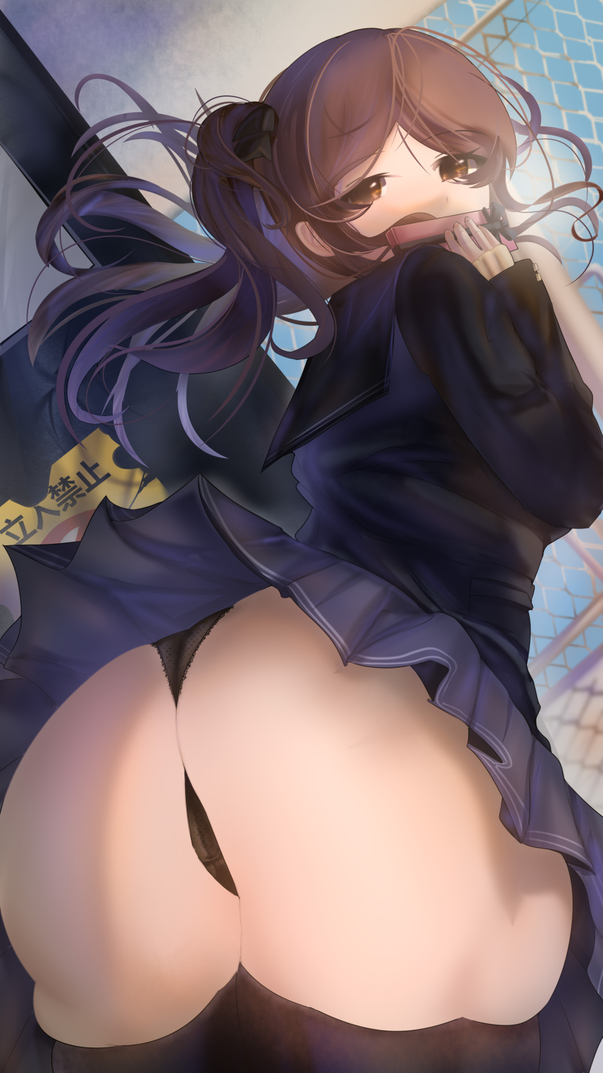 1girl absurdres amagami ass ass_focus black_jacket black_panties black_sailor_collar black_thighhighs blazer box brown_eyes brown_hair cowboy_shot from_behind gift gift_box grey_skirt highres holding holding_gift jacket kibito_high_school_uniform long_sleeves looking_at_viewer looking_back medium_hair microskirt nakata_sae panties pleated_skirt sailor_collar school_uniform skirt solo takedan thighhighs thong twintails underwear winter_uniform