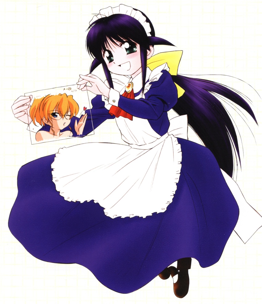 2girls absurdres andou_mahoro apron ascot back_bow bare_shoulders blowing_kiss blue_dress blush bow brooch buttoned_cuffs buttons cel closed_mouth collarbone ditama_bow drawing_(object) dress eyelashes frilled_apron frills full_body gem green_eyes hair_between_eyes hair_bow hair_flaps half_updo headdress heart high_ponytail highres holding holding_drawing jewelry juliet_sleeves lipstick long_hair long_sleeves looking_at_viewer low_ponytail mahoromatic maid maid_apron maid_headdress makeup mary_janes misato_suguru multiple_girls official_art one_eye_closed open_hand open_mouth orange_hair ponytail puffy_sleeves red_ascot red_gemstone red_lips round_eyewear shoes sidelocks simple_background socks solo_focus tareme teeth third-party_source tsurime upper_body very_long_hair white_apron white_background white_footwear white_headdress white_sleeve_cuffs white_socks yellow_bow
