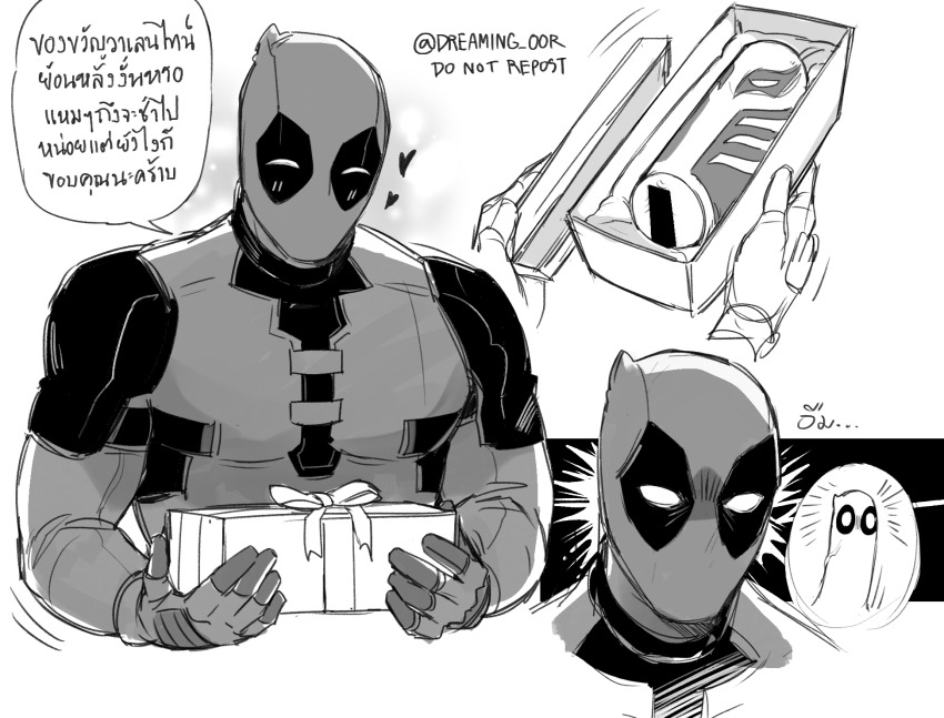 1boy artificial_vagina bar_censor blush bodysuit box censored character-themed_artificial_vagina commentary_request deadpool deadpool_&amp;_wolverine deadpool_(series) dreaming_oor gift gift_box gloves heart highres holding implied_erection male_focus marvel marvel_cinematic_universe mask monochrome muscular muscular_male sex_toy speech_bubble superhero_costume translation_request wolverine_(x-men)