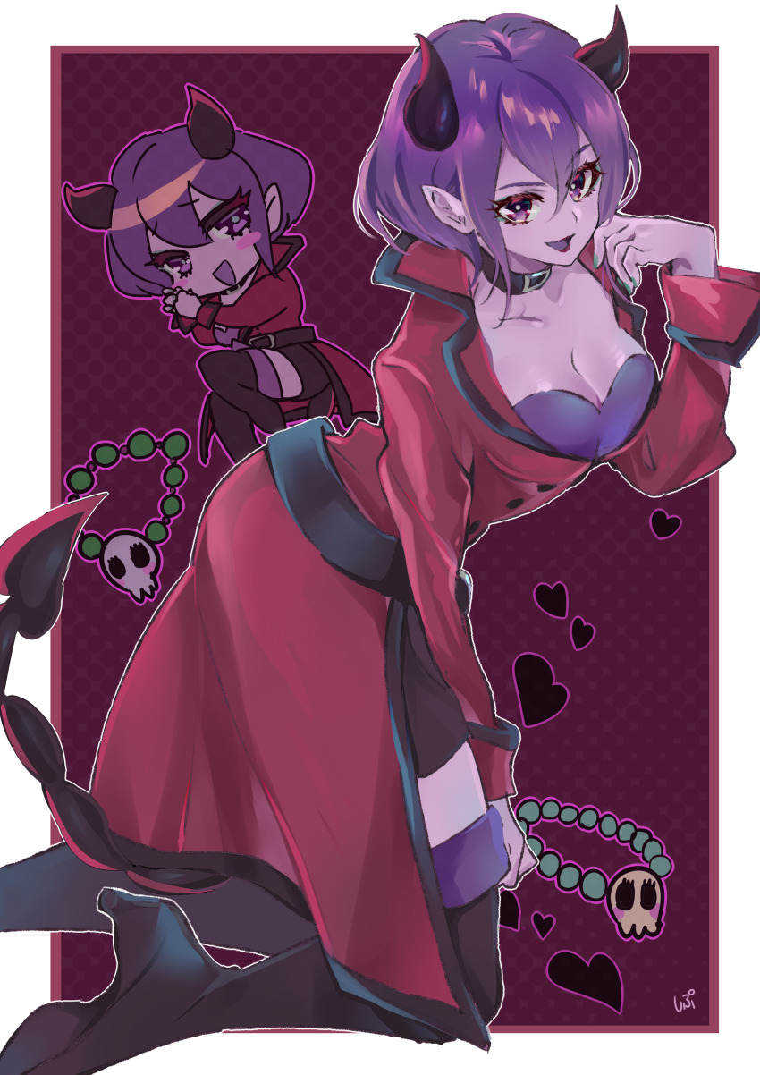 1girl absurdres belt belt_buckle belt_collar black_belt black_boots black_horns black_skirt black_tail blush_stickers boots border breasts buckle chibi cleavage coat collar collared_coat colored_skin colored_tongue demon_girl demon_horns demon_tail eyelashes green_nails hair_between_eyes halftone halftone_background hand_on_own_cheek hand_on_own_face healin&#039;_good_precure high_heel_boots high_heels highres horns kneeling lapels leaning_forward long_sleeves multiple_views nail_polish notched_lapels open_mouth outline outside_border own_hands_together pointy_ears precure purple_eyes purple_hair purple_outline purple_skin purple_tongue purple_tube_top red_background red_coat shindoine shipu_(gassyumaron) short_hair signature skirt sleeve_cuffs smile strapless tail thigh_boots tsurime tube_top white_border white_outline