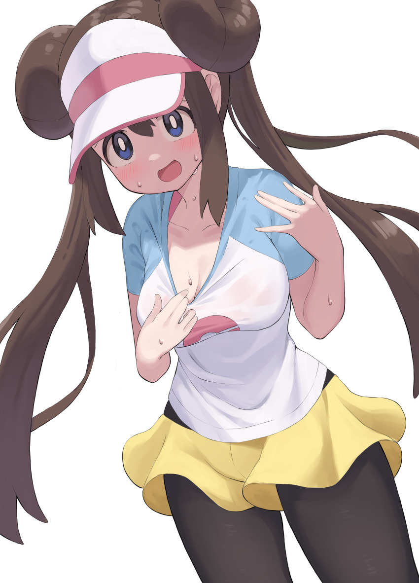 1girl absurdres blue_eyes breasts bright_pupils brown_hair cleavage commentary cowboy_shot double_bun hair_bun highres hot kajitsu_no_hito light_blush long_hair nintendo open_mouth pantyhose pokemon pokemon_bw2 raglan_sleeves rosa_(pokemon) shirt shirt_tug short_sleeves shorts simple_background solo sweat twintails visor_cap wet wet_clothes wet_shirt white_background white_pupils yellow_shorts