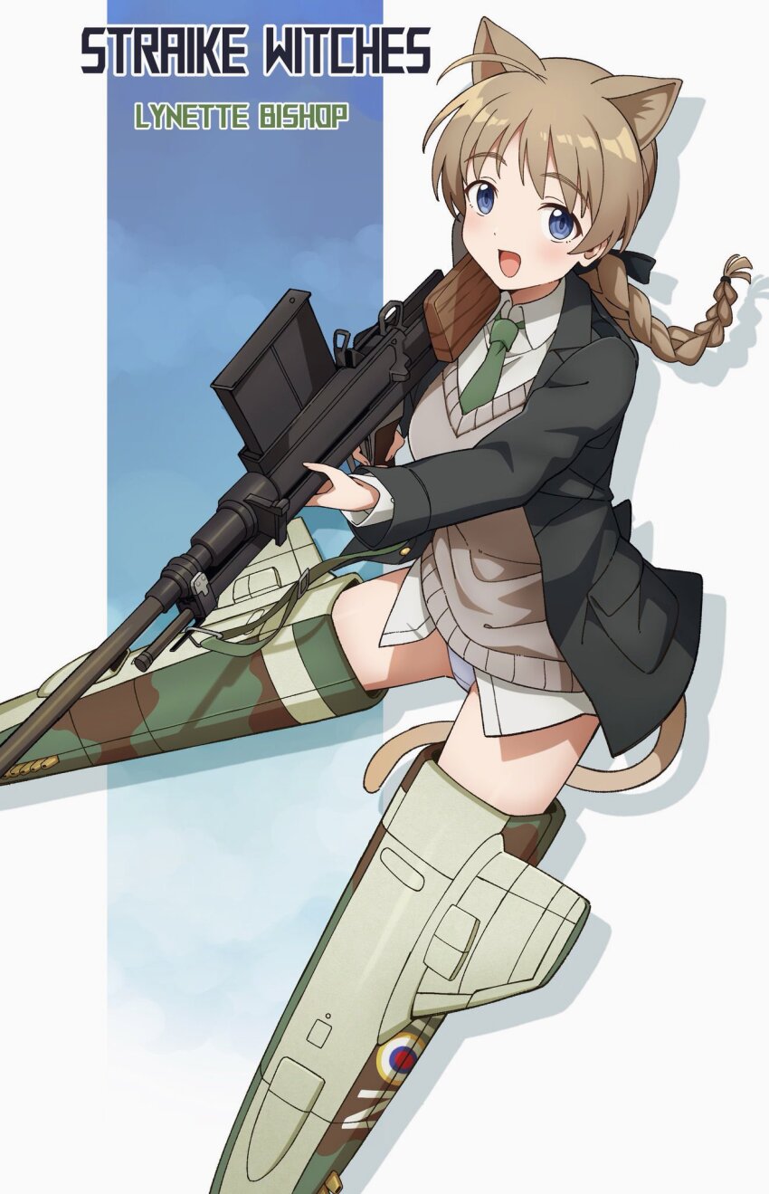 1girl ahoge animal_ears black_jacket blazer blue_eyes boys_anti_tank_rifle braid brown_hair cat_ears cat_girl cat_tail character_name collared_shirt commentary_request copyright_name dress_shirt feet_out_of_frame green_necktie grey_sweater_vest highres holding_rifle jacket long_hair lynette_bishop necktie no_pants panties sha_(siasha0104) shirt shirt_under_sweater single_braid smile solo strike_witches striker_unit striped_clothes sweater_vest tail thighhighs typo underwear white_panties white_shirt world_witches_series