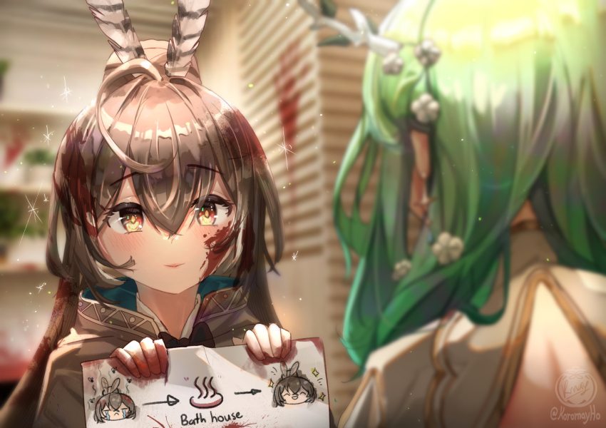 2girls ^_^ ahoge antlers backless_outfit blood blood_on_clothes blood_on_face blood_on_wall blurry branch brown_capelet brown_cloak brown_eyes brown_hair bug capelet ceres_fauna cloak closed_eyes crying depth_of_field diagram dress feather_hair_ornament feathers flower fly from_behind green_hair hair_flower hair_ornament hairclip handprint highres holding holding_paper hololive hololive_english horns insect koromay_ho long_hair multicolored_hair multiple_girls nanashi_mumei nanashi_mumei_(1st_costume) onsen paper ponytail ribbon smile sparkle streaked_hair streaming_tears tears very_long_hair virtual_youtuber white_dress