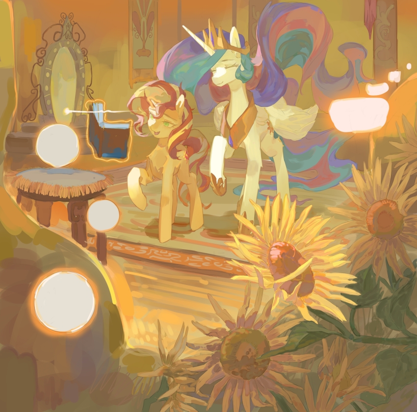 absurdres animal_focus book chinese_commentary commentary_request flower highres indoors jewelry long_hair multicolored_hair my_little_pony my_little_pony:_equestria_girls my_little_pony:_friendship_is_magic necklace no_humans painterly pony_(animal) princess_celestia smile sunflower sunset_shimmer sunset_shimmer_(unicorn) unicorn winged_unicorn wings xiangquxiaomaguo yellow_theme