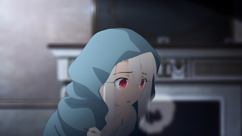1girl absurdres anime_screenshot blue_coat coat cold fate/stay_night fate/unlimited_blade_works fate_(series) highres illyasviel_von_einzbern puff_of_air red_eyes resized shirt solo upscaled white_hair white_shirt