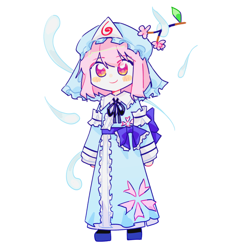 1girl back_bow black_socks blue_bow blue_hat blue_kimono blue_sandals blue_sash blue_veil blush_stickers bow branch center_frills cherry_blossoms closed_mouth commentary deformed eyes_visible_through_hair flower frilled_bow frilled_garter frilled_headwear frilled_kimono frilled_vest frills full_body gradient_eyes hair_between_eyes hat highres hitodama japanese_clothes kimono leaf long_sleeves looking_at_viewer medium_hair mob_cap multicolored_eyes neck_ribbon okobo orange_eyes pink_eyes pink_flower pink_hair pink_pupils platform_sandals re1re133 ribbon saigyouji_yuyuko sandals sash simple_background sleeve_garter sleeves_past_wrists smile socks solo spiral_print standing tareme touhou triangular_headpiece veil vest waist_bow waist_sash white_background wide_sleeves