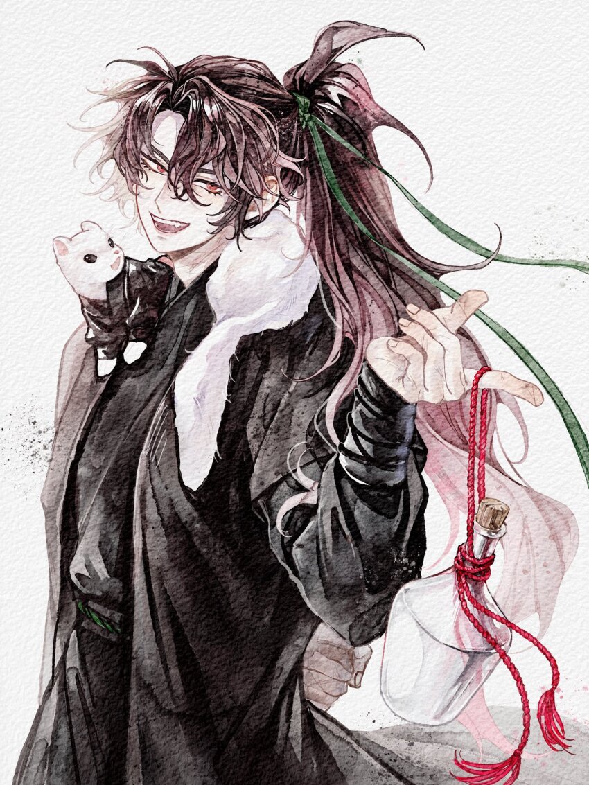 1boy animal animal_around_neck arm_behind_back black_hair black_hanfu chinese_clothes cheongmyeong_(return_of_the_mount_hua_sect) clenched_hand clothed_animal cork corked_bottle cowboy_shot falling_shark fang green_ribbon hair_ribbon hanfu high_ponytail highres holding_jug korean_commentary long_hair long_sleeves looking_at_viewer male_focus open_mouth painting_(medium) pink_eyes ponytail return_of_the_mount_hua_sect ribbon sash scar scar_on_hand scar_on_neck smile solo traditional_media watercolor_(medium) weasel white_background