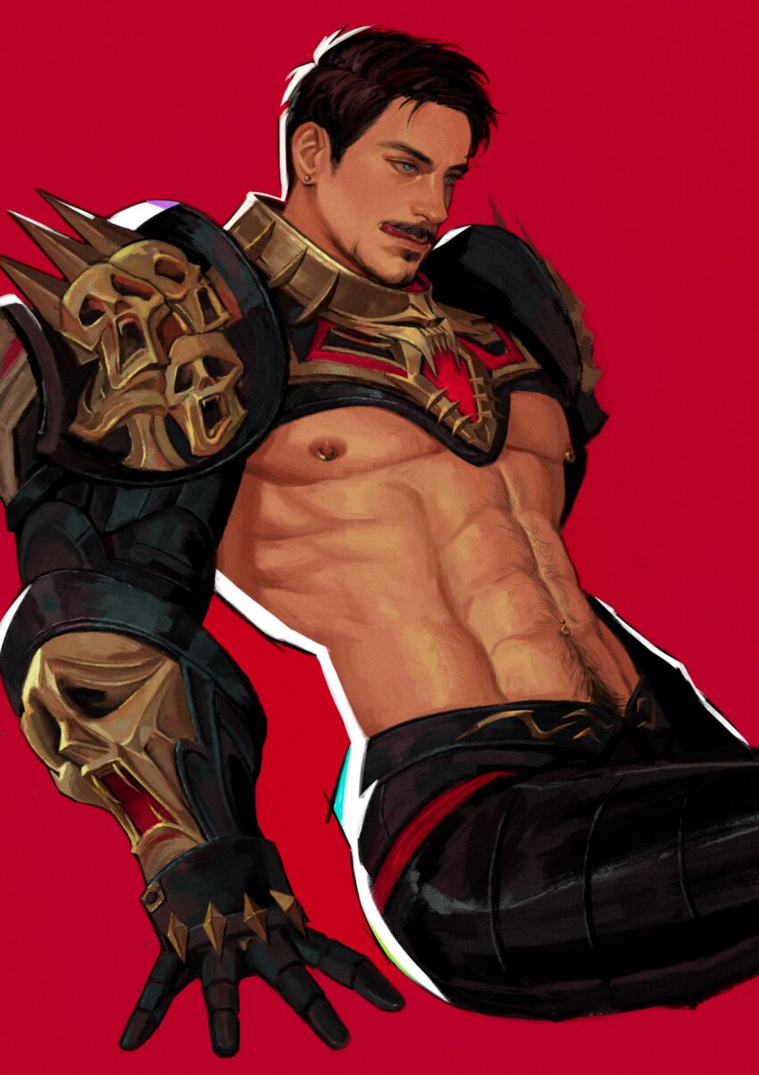 1boy abs alternate_costume armor black_armor black_gloves black_hair black_pants blue_eyes closed_mouth commentary ear_piercing english_commentary facial_hair gauntlets gloves gold_armor highres iron_man_(series) kdf_(nomorelemontea) looking_to_the_side male_focus male_pubic_hair marvel marvel_rivals muscular muscular_male nipples pants pectorals piercing pubic_hair red_background short_hair shoulder_armor simple_background sitting smile solo tongue tongue_out tony_stark two-tone_armor