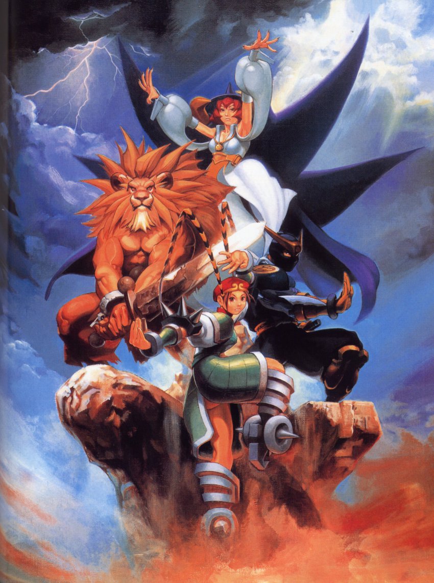 1990s_(style) 2boys 2girls absurdres animal_ears armor armored_dress armpits beard beret brown_hair capcom cat_ears dai-chan detached_sleeves dress facial_hair furry furry_male greaves hat highres leo_(warzard) lion mane mask monster_boy mukuro multiple_boys multiple_girls muscular ninja official_art oil_painting_(medium) painting_(medium) red_hair retro_artstyle scan snout spikes standing standing_on_one_leg sword tabasa tao_(warzard) traditional_media warzard weapon witch witch_hat