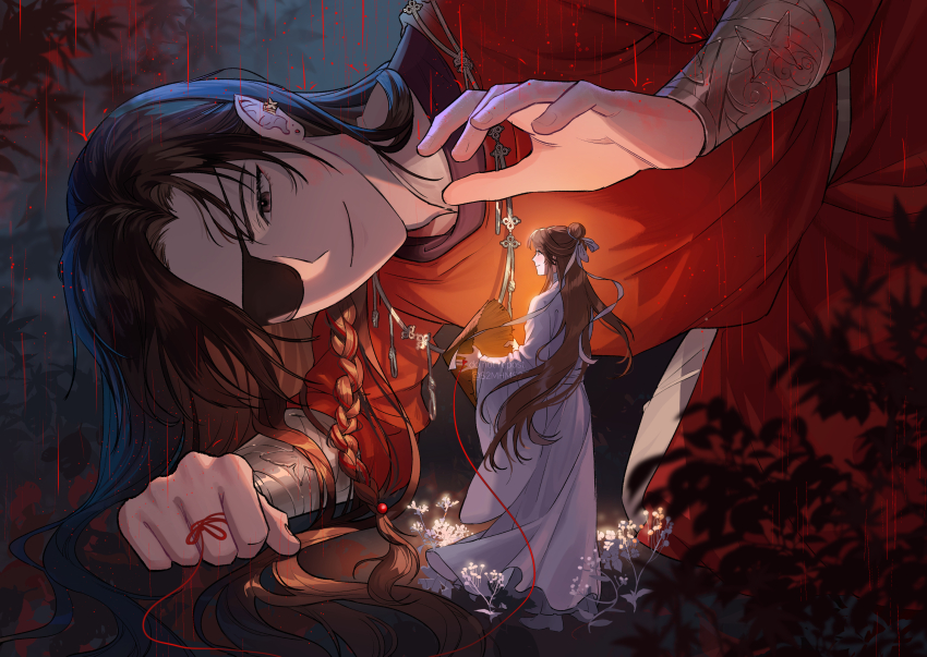 2boys autumn_leaves baby&#039;s-breath beads black_eyes black_hair blurry boots bracelet braid brown_eyes brown_hair bush butterfly_earrings chinese_clothes clenched_hand closed_mouth curtained_hair depth_of_field earclip earrings elbow_rest eyelashes eyepatch facing_viewer fingernails floating_hair flower fog forest from_side full_body glowing gold_earrings hair_beads hair_behind_ear hair_bun hair_ornament hair_ribbon hair_spread_out half-closed_eyes hand_rest hand_up hanfu happy hat highres holding holding_unworn_clothes holding_unworn_hat hum_(s2mhms2) implied_yaoi improvised_umbrella jewelry kneeling leaf leaning_forward long_hair looking_at_another male_focus mini_person miniboy multiple_boys nature necklace night outdoors pants parted_bangs plant pointy_ears profile rain raining_blood red_hanfu ribbon ribbon_braid rice_hat shielding shielding_another_from_rain short_braid side_slit silver_bracelet silver_necklace single_braid single_hair_bun size_difference smile standing straight_hair string string_around_finger string_of_fate stud_earrings swept_bangs tianguan_cifu tsurime unworn_hat unworn_headwear very_long_hair white_boots white_flower white_hanfu white_pants white_ribbon wide_sleeves wispy_bangs xie_lian yuanlingpao