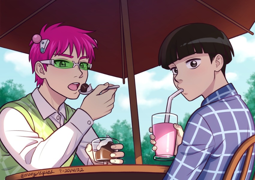 2boys artist_name black_eyes black_hair chair coffee_jello commentary crossover dated day drinking drinking_straw green_sweater_vest hair_ornament kageyama_shigeo long_sleeves male_focus marycrispies mob_psycho_100 multiple_boys outdoors pink_hair plaid_clothes plaid_shirt plaid_sweater_vest saiki_kusuo saiki_kusuo_no_psi_nan shirt short_hair sitting spoon sweater_vest table tinted_eyewear trait_connection white_shirt