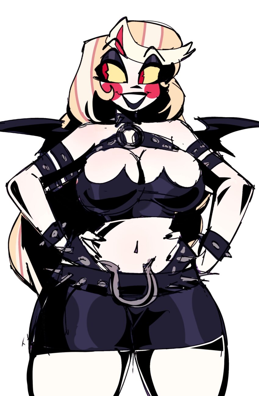 1girl artiah669 blonde_hair blush_stickers charlie_morningstar circle_facial_mark collar colored_sclera colored_skin colored_teeth cosplay demon_girl grey_skin hazbin_hotel highres long_hair midriff miniskirt navel panty_&amp;_stocking_with_garterbelt pink_sclera red_eyes scanty_(psg) scanty_(psg)_(cosplay) sharp_teeth simple_background skirt smile spikes teeth thighhighs very_long_hair white_background wings yellow_sclera yellow_teeth