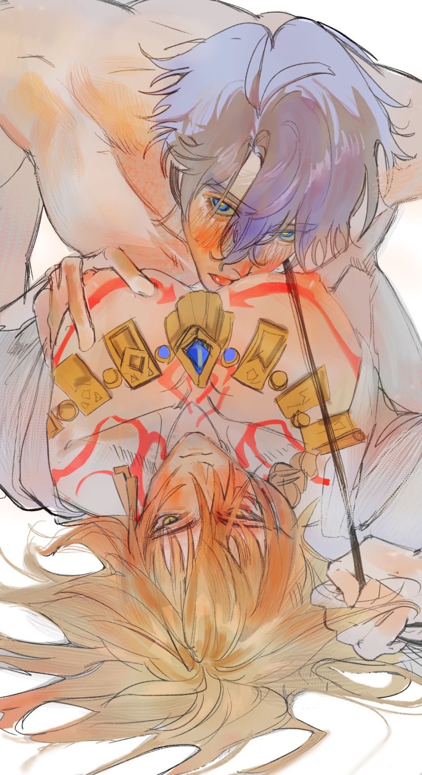 2boys blonde_hair blue_eyes blue_gemstone blush body_markings gem grey_hair hand_on_another&#039;s_chest highres holding holding_leash honkai:_star_rail honkai_(series) jewelry leash leash_pull licking licking_another&#039;s_chest lying male_focus multiple_boys mydei_(honkai:_star_rail) necklace nipples nude on_back open_clothes open_shirt oy38684 parted_bangs pectorals phainon_(honkai:_star_rail) shirt tongue tongue_out white_background white_shirt yaoi