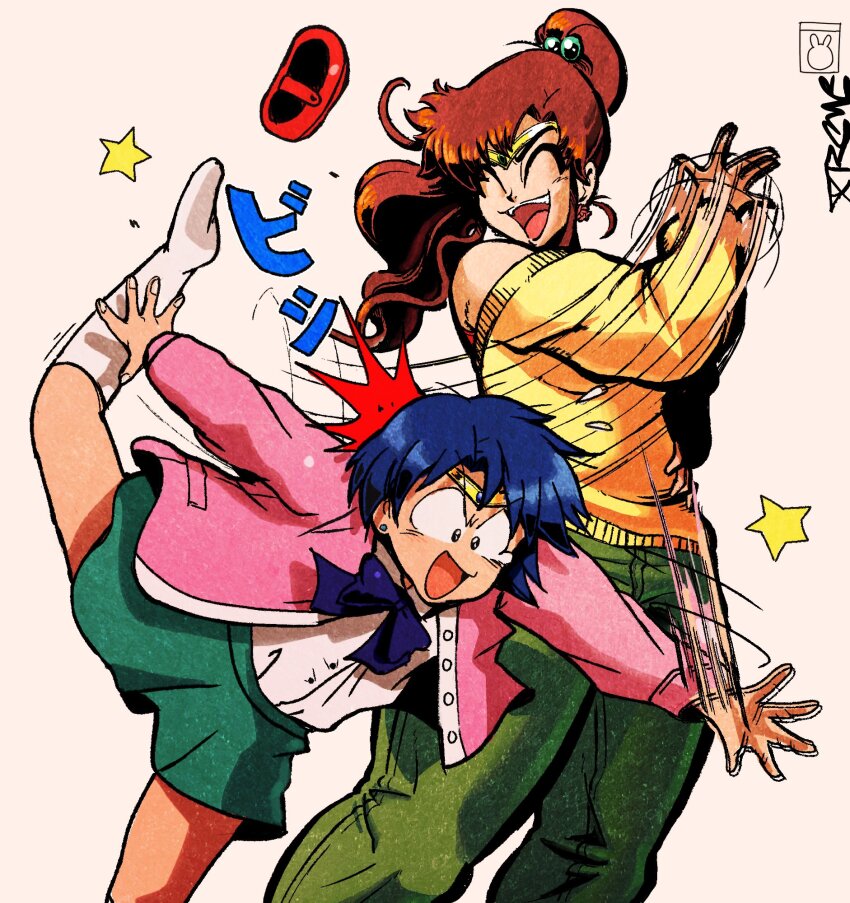 2girls bare_shoulders bendedede bishoujo_senshi_sailor_moon blue_eyes blue_hair brown_hair closed_eyes falling green_eyes highres hitting jacket kino_makoto long_hair long_sleeves mizuno_ami multiple_girls pants ponytail skirt xtremexavier