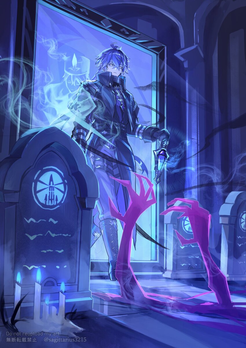 1boy ahoge antenna_hair black_coat black_gloves blue_fire blue_hair closed_mouth coat collared_capelet collared_coat fire flins_(genshin_impact) genshin_impact ghost gloves hair_between_eyes high_collar highres holding holding_lamp holding_lantern huge_ahoge kukatsuma lantern long_hair long_sleeves male_focus no_pupils solo standing tombstone yellow_eyes