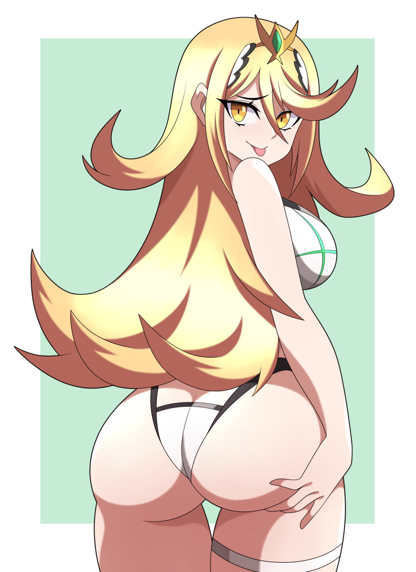 1girl absurdres abysswatchers ass bare_shoulders blonde_hair border breasts butt_crack commentary earrings english_commentary from_behind gem green_background hair_between_eyes hand_on_own_ass headpiece highres huge_ass jewelry large_breasts long_hair looking_at_viewer looking_back mythra_(radiant_beach)_(xenoblade) mythra_(xenoblade) official_alternate_costume one-piece_swimsuit outside_border sidelocks simple_background smile solo strapless strapless_one-piece_swimsuit swept_bangs swimsuit thigh_strap thighs tiara tongue tongue_out very_long_hair white_border white_one-piece_swimsuit xenoblade_chronicles_(series) xenoblade_chronicles_2 yellow_eyes
