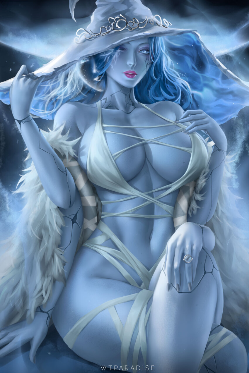 1girl blue_eyes blue_hair blue_skin breasts cloak colored_skin cracked_skin crossed_legs elden_ring extra_arms fur_cloak hand_on_own_leg hands_up hat highres jewelry large_breasts large_hat lipstick long_hair looking_at_viewer makeup navel one_eye_closed ranni_the_witch ring sitting solo witch_hat wtparadise
