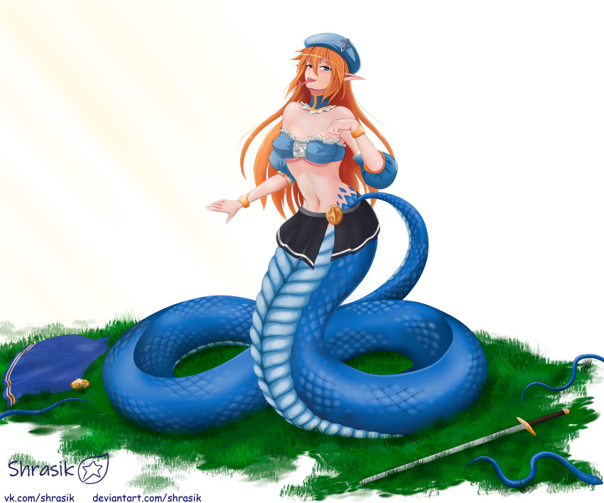 1girl absurdres artist_name bandeau bare_shoulders beret black_skirt blue_bandeau blue_collar blue_eyes blue_hat blue_sleeves blush bracelet breasts cleavage collar commentary covered_erect_nipples cross detached_collar detached_sleeves deviantart_username english_commentary engrish_commentary eristia_vitral female_focus full_body grass groin hair_between_eyes hand_up hat highres huge_filesize jewelry lamia long_hair long_tongue looking_at_viewer medium_breasts midriff monster_girl monster_girl_encyclopedia monsterification navel pointy_ears puffy_detached_sleeves puffy_sleeves scales shrasik sidelocks skirt slit_pupils smile snake snake_tail solo standing sword tail teeth tongue tongue_out torn_clothes transformation upper_teeth_only vkontakte_username watermark weapon web_address white_background