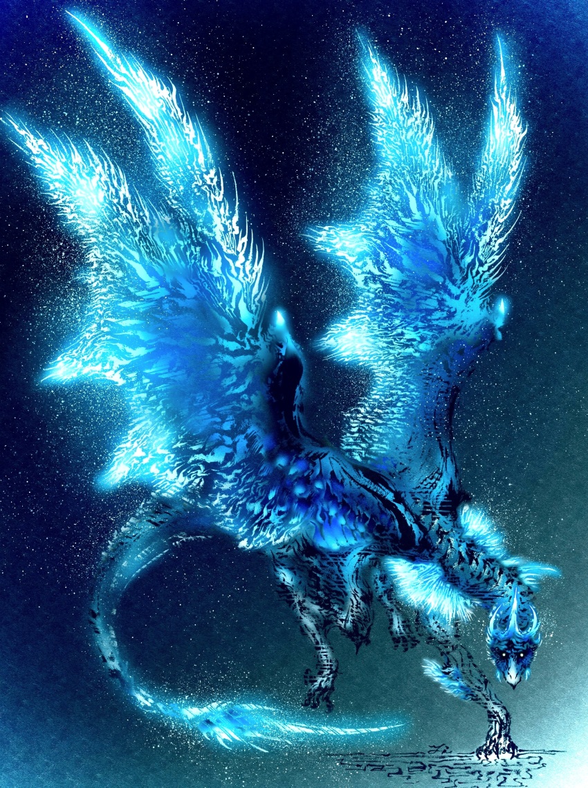 absurdres blue_background blue_scales claws deadpool_yuchan digitigrade dragon dragon_horns dragon_tail dragon_wings frost full_body glowing glowing_eyes gradient_background highres horns ice ice_horns looking_at_viewer monster monster_focus monster_hunter_(series) no_humans sharp_tail solo spread_wings tail velkhana western_dragon wings