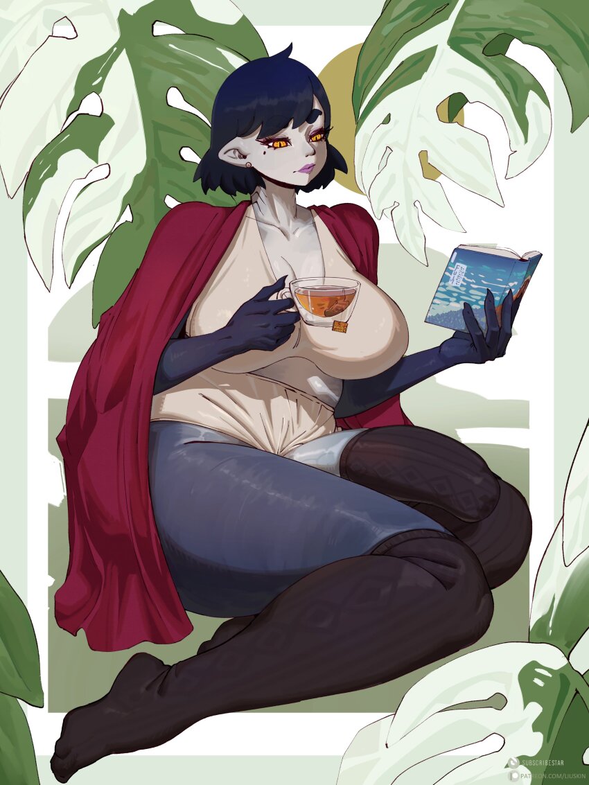 1futa absurdres artist_name black_thighhighs blue_hair book bra breasts cup drink erection futanari high-waist_panties highres holding holding_book holding_cup kisa_(liuskin) large_breasts large_penis liuskin mole mole_under_eye orange_eyes original pale_skin panties patreon_logo patreon_username penis penis_out penis_sheath pink_lips pointy_ears reading short_hair sitting slit_pupils solo subscribestar_logo subscribestar_username tea teacup thick_thighs thighhighs thighs underwear white_bra white_panties