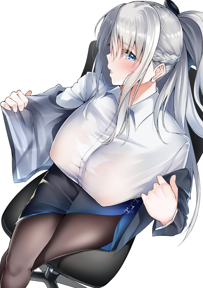 1girl black_bow black_dress black_pantyhose blue_eyes blush bow braid breasts center_opening cleavage collared_shirt covered_erect_nipples dress dress_shirt fate/grand_order fate_(series) front-hook_bra grey_hair hair_bow half_up_braid highres large_breasts len_(hand_linke) long_hair looking_at_viewer morgan_le_fay_(chaldea_satellite_station)_(fate) morgan_le_fay_(fate) nipples office_lady pantyhose ponytail see-through_clothes see-through_shirt shirt sidelocks simple_background skirt solo thighs very_long_hair white_background white_shirt