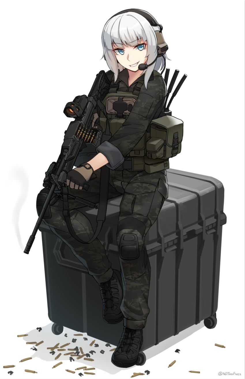 1girl absurdres black_boots black_jacket black_pants boots brown_gloves bullet camouflage camouflage_jacket camouflage_pants commentary commission ear_protection english_commentary full_body gloves grey_hair gun headset highres holding holding_gun holding_weapon imi_negev jacket lace-up_boots light_machine_gun long_sleeves looking_at_viewer machine_gun ndtwofives original pants shadow smile solo twitter_username weapon white_background
