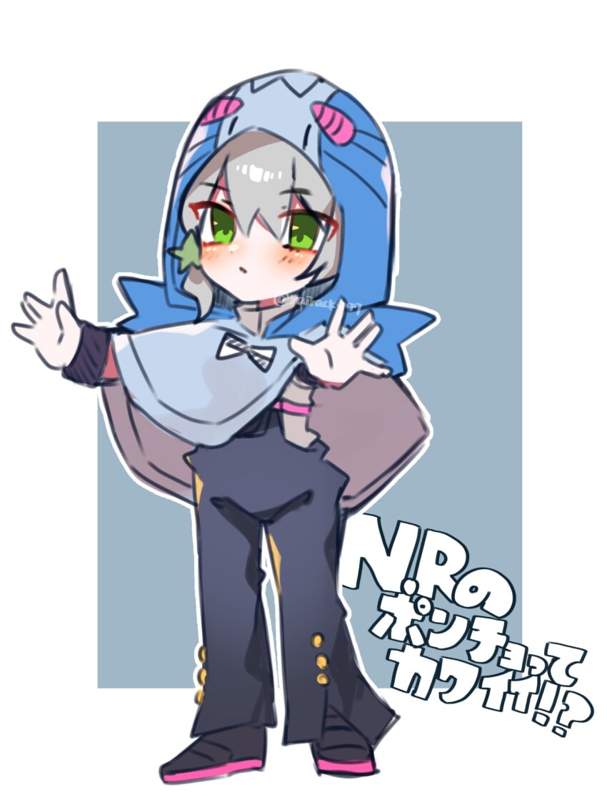 1boy black_pants black_shoes blush braid chibi commentary_request compound_eyes cosplay full_body green_eyes grey_hair grey_shirt hair_behind_ear hair_between_eyes hair_ornament highres hood hood_up jodio_joestar jojo_no_kimyou_na_bouken long_bangs looking_at_viewer november_rain_(stand) november_rain_(stand)_(cosplay) open_hand open_hands pants pink_eyes raincoat rairack777 shirt shoes side_braid solo stand_(jojo) star_(symbol) star_hair_ornament the_jojolands translation_request
