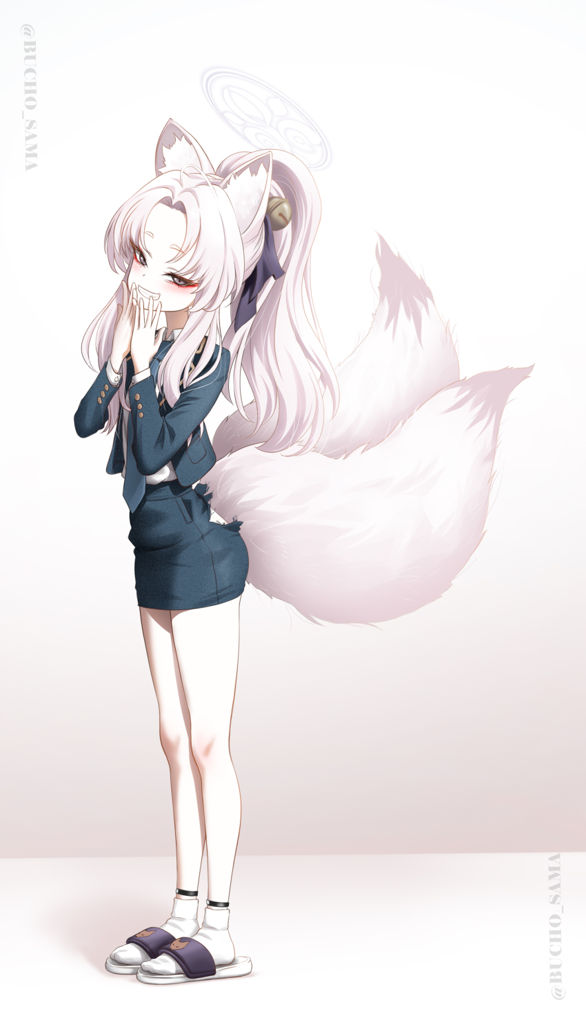 1girl absurdres alternate_costume alternate_hairstyle animal_ear_fluff animal_ears ankle_socks bell black_jacket black_necktie black_ribbon black_skirt blue_archive blush bucho_sama fox_ears fox_girl fox_tail grin hair_bell hair_ornament hair_ribbon halo hand_to_own_mouth highres jacket jingle_bell kuzunoha_(blue_archive) looking_at_viewer makeup multiple_tails necktie parted_bangs pencil_skirt ponytail ribbon shirt skirt slippers smile socks solo tail two_tails white_hair white_halo white_shirt white_socks