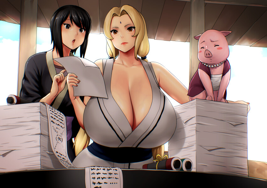 2girls absurdres animal bare_shoulders black_hair blonde_hair breasts cloud collarbone erkaz fingernails highres huge_breasts jewelry lips multiple_girls naruto_(series) necklace open_mouth paper pig scroll shizune_(naruto) short_hair sky tonton_(naruto) tsunade_(naruto) veins veiny_breasts