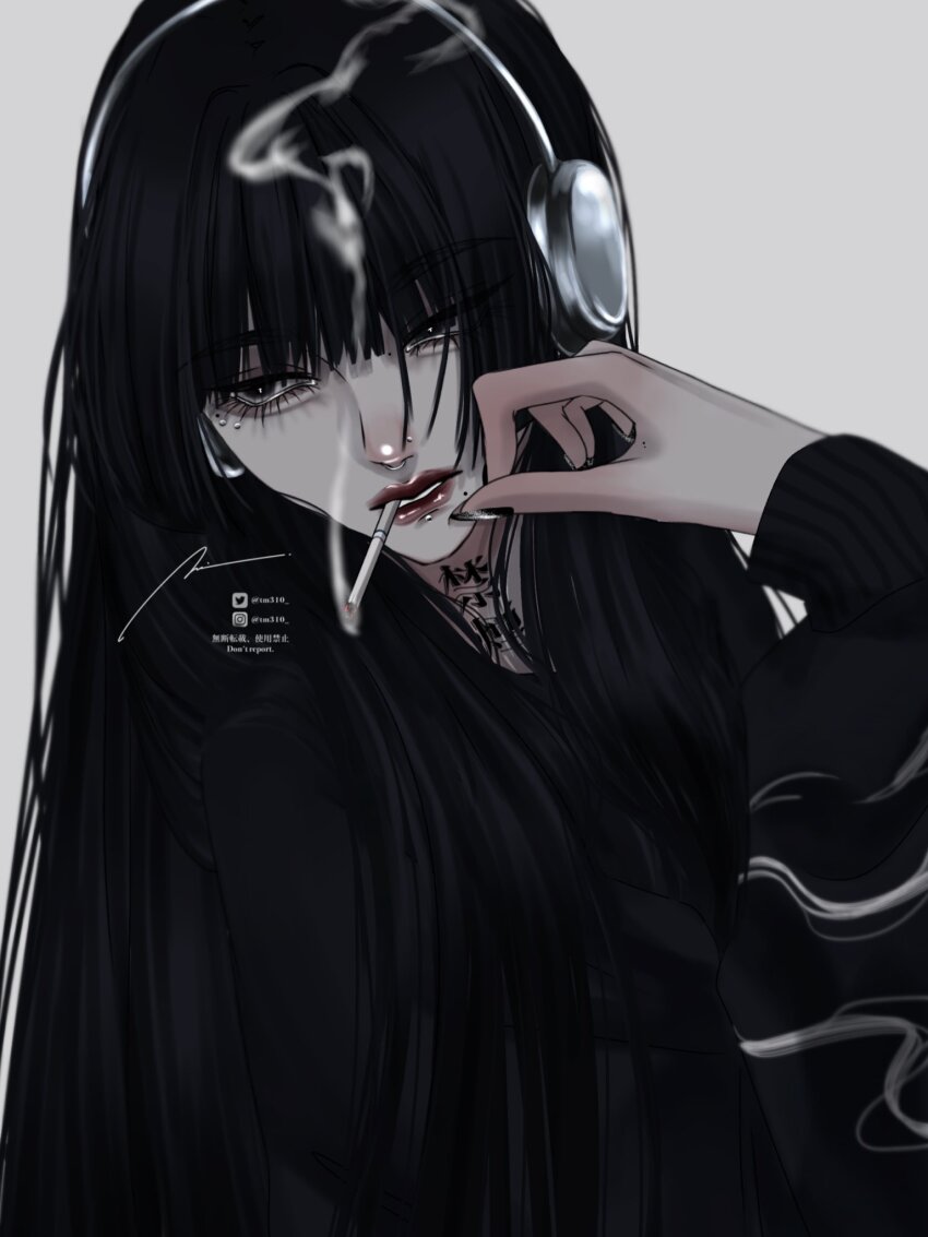 1girl black_eyes black_hair black_hoodie black_nails cigarette eyelid_piercing face_piercing hands_on_own_face headphones highres hood hoodie labret_piercing lip_piercing lips long_hair looking_to_the_side mitokanqu nose_piercing open_mouth original piercing portrait signature simple_background smoking solo straight_hair tattoo teeth white_background