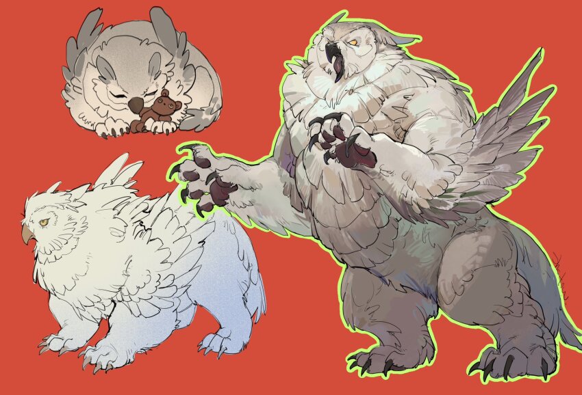 &gt;:( animal_focus baldur&#039;s_gate baldur&#039;s_gate_3 beak claws closed_eyes dungeons_&amp;_dragons feathered_wings dungeons_&amp;_dragons from_side full_body green_outline highres monster multiple_views no_humans open_mouth outline owlbear pawpads rearing red_background shadowyahaha simple_background stuffed_animal stuffed_toy teddy_bear v-shaped_eyebrows wings yellow_eyes