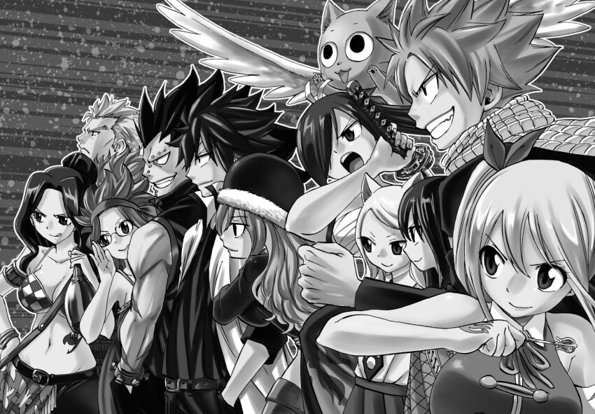 5boys 6+girls bikini bikini_top_only breasts cana_alberona charle_(fairy_tail) cleavage collarbone erza_scarlet fairy_tail gajeel_redfox gray_fullbuster happy_(fairy_tail) hat highres juvia_lockser large_breasts laxus_dreyar levy_mcgarden long_hair lucy_heartfilia multiple_boys multiple_girls natsu_dragneel navel official_art swimsuit underboob wendy_marvell